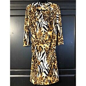 Chaus New York Women's L Brown/Black/White Animal Print Cowl Neck Shift Dress